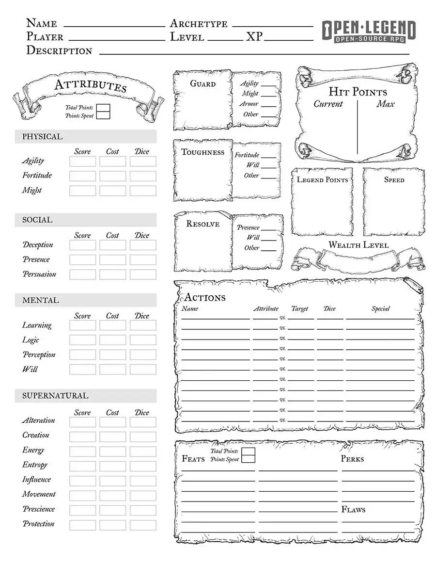 Open Legend Printable Character Sheet