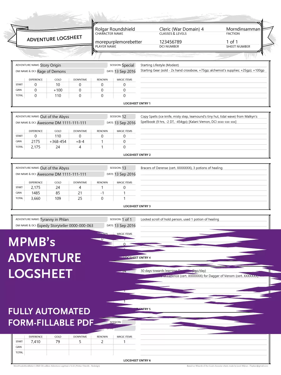 Adventure Logsheet - MPMB's fully-automated Printer Friendly version
