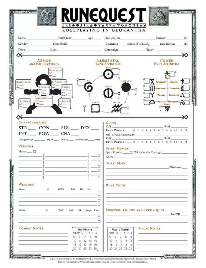 RuneQuest: Roleplaying in Glorantha - Character Sheets