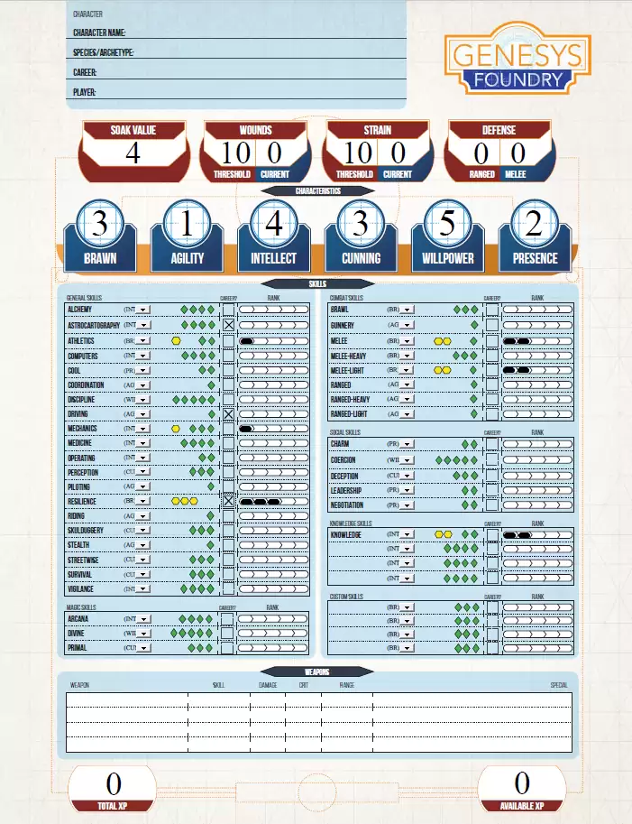Genesys Character Sheet (Form Fill, Dice Pools)