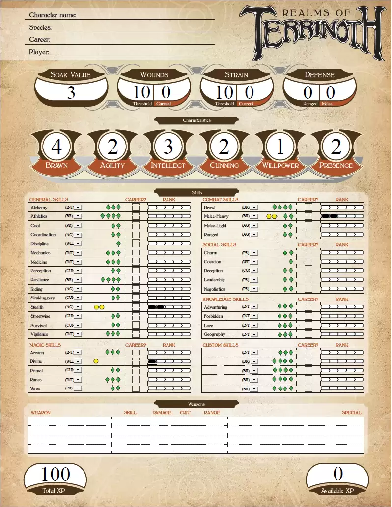 Realms of Terrinoth Genesys Character Sheet (Form Fill, Dice Calc)