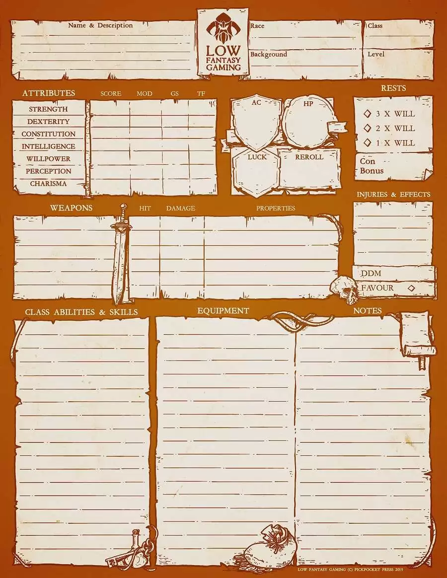Low Fantasy Gaming Deluxe Edition - Character Sheet